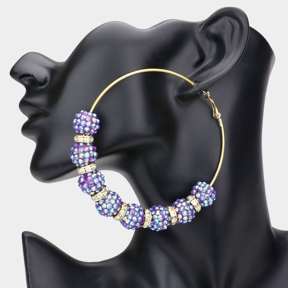 Purple & Gold Shamballa Disco Beads Hoop Earrings Fashion Statement Accessories